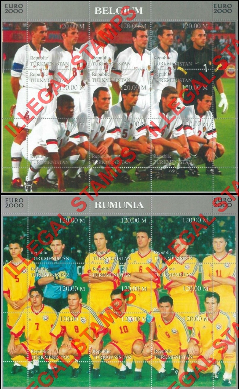 Turkmenistan 2000 Soccer Teams EURO 2000 European Football Championship Illegal Stamp Souvenir Sheets of 9 (Part 2)