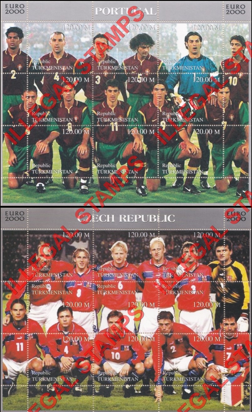 Turkmenistan 2000 Soccer Teams EURO 2000 European Football Championship Illegal Stamp Souvenir Sheets of 9 (Part 3)