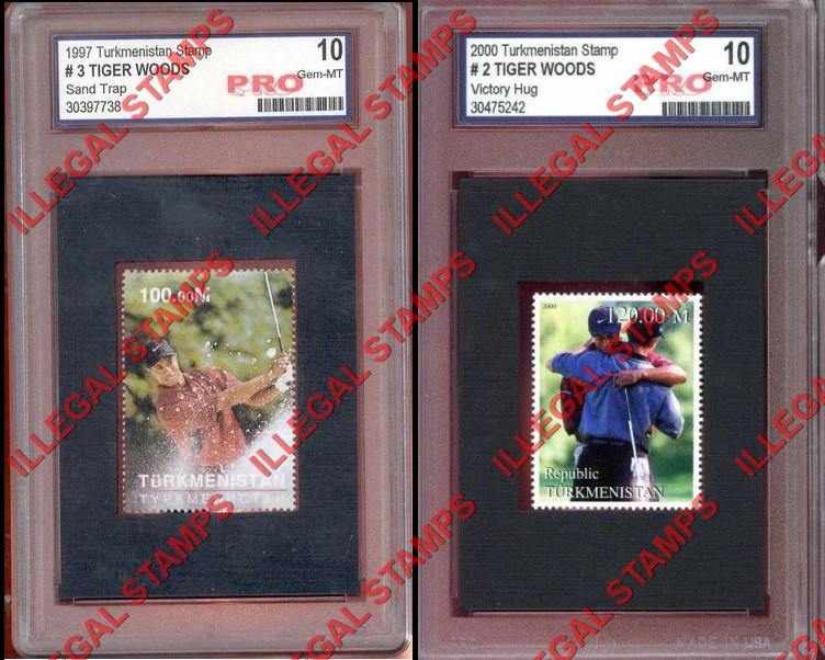 Turkmenistan 2000 Tiger Woods Golf Leading Personalities Illegal Stamps in Bogus Graded Card Holders