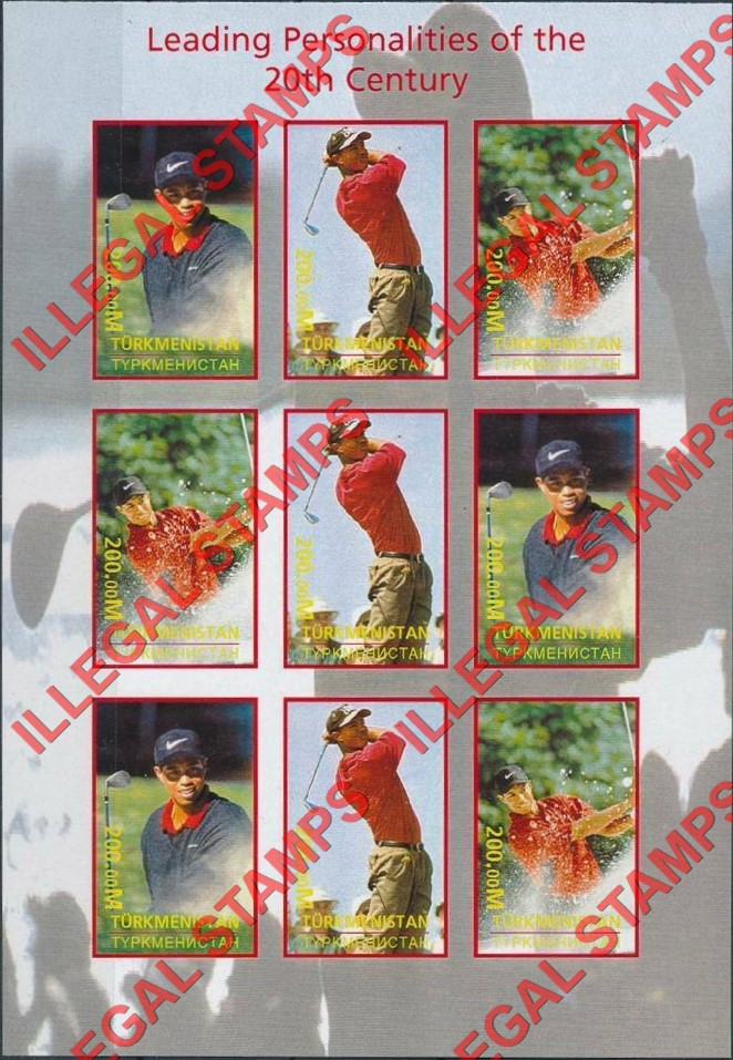 Turkmenistan 2000 Tiger Woods Golf Leading Personalities Illegal Stamp Souvenir Sheet of 9