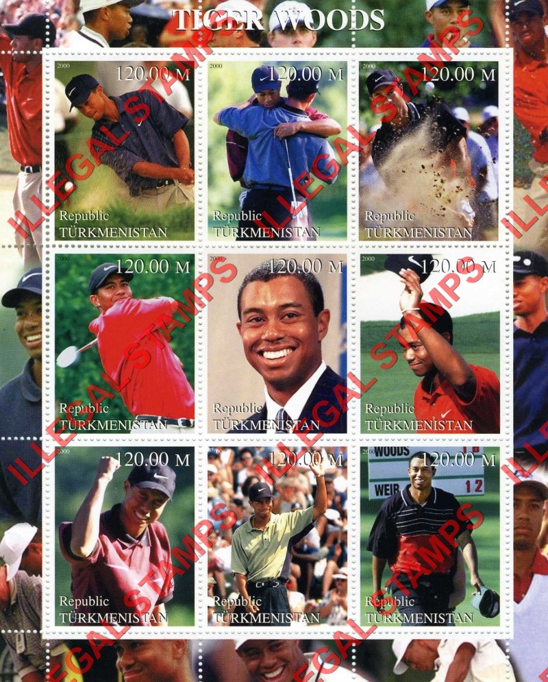 Turkmenistan 2000 Tiger Woods Golf Illegal Stamp Souvenir Sheet of 9
