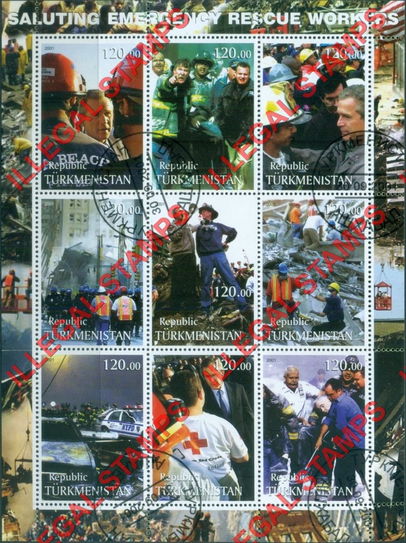 Turkmenistan 2001 9-11 Saluting Emergency Rescue Workers Illegal Stamp Souvenir Sheet of 9
