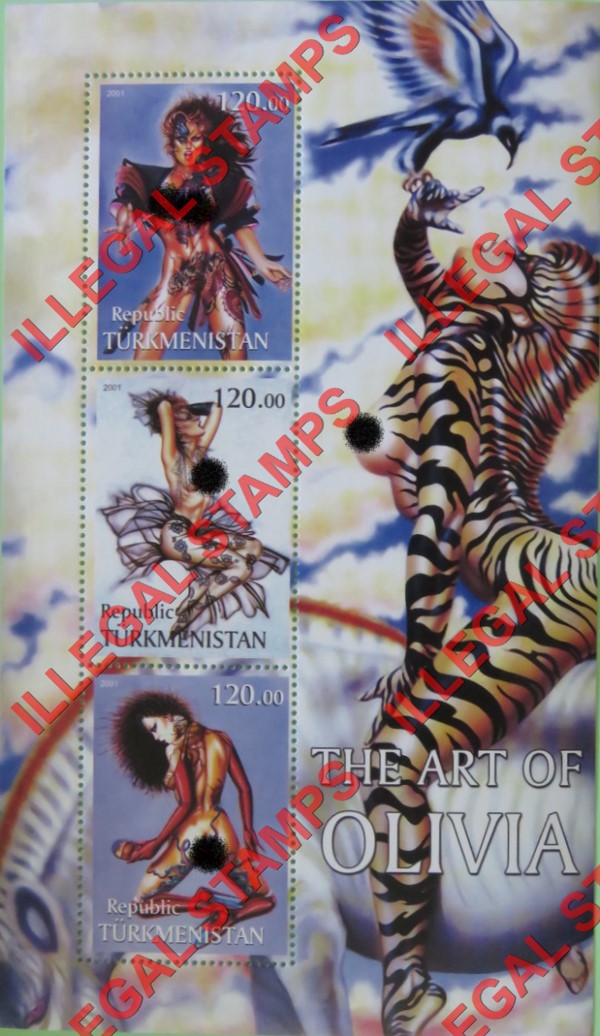 Turkmenistan 2001 Art by Olivia Illegal Stamp Souvenir Sheet of 3