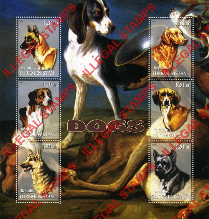 Turkmenistan 2001 Dogs Illegal Stamp Souvenir Sheet of 6