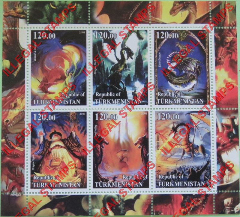 Turkmenistan 2001 Dragon World Illegal Stamp Souvenir Sheet of 6