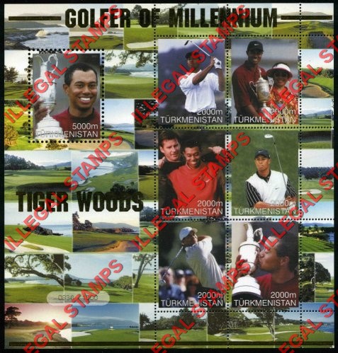 Turkmenistan 2001 Golfer of the Millennium Tiger Woods Illegal Stamp Souvenir Sheet of 9