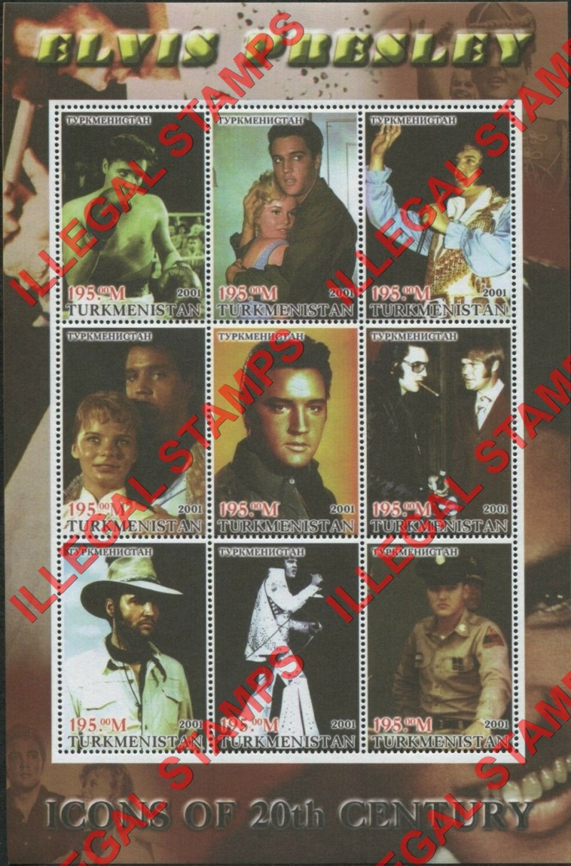 Turkmenistan 2001 Icons of the 20th Century Elvis Presley Illegal Stamp Souvenir Sheet of 9