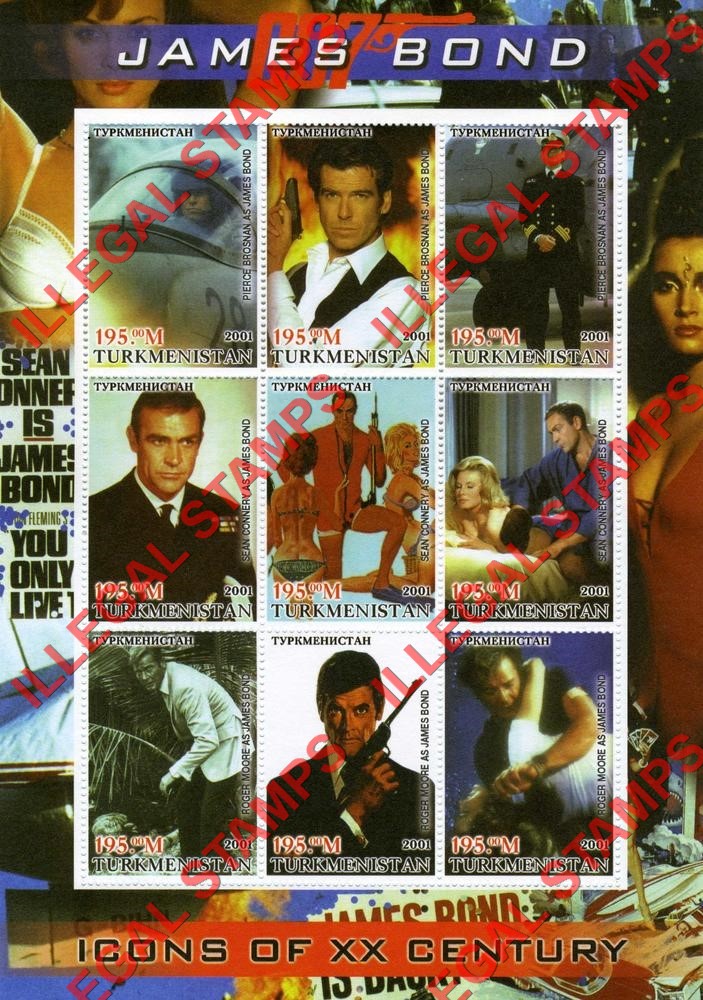 Turkmenistan 2001 Icons of the 20th Century James Bond Illegal Stamp Souvenir Sheet of 9