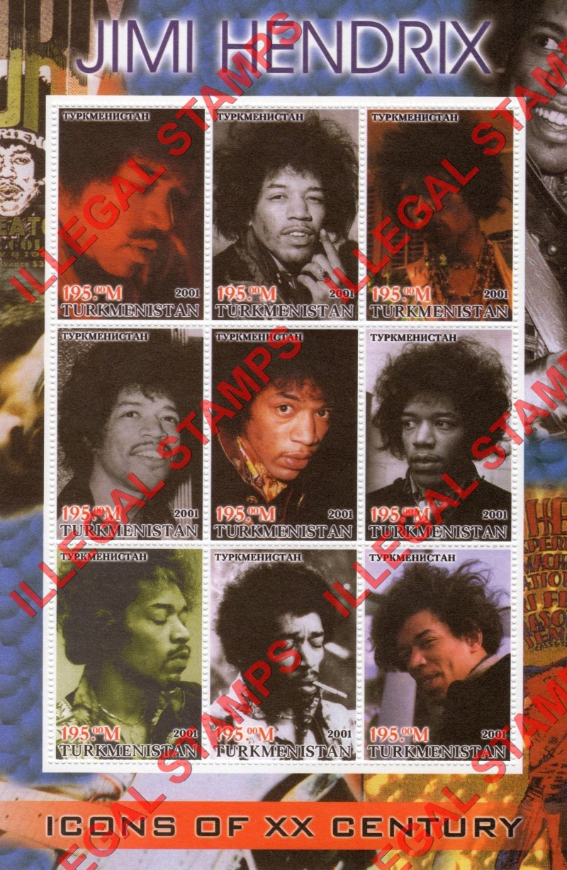 Turkmenistan 2001 Icons of the 20th Century Jimi Hendrix Illegal Stamp Souvenir Sheet of 9