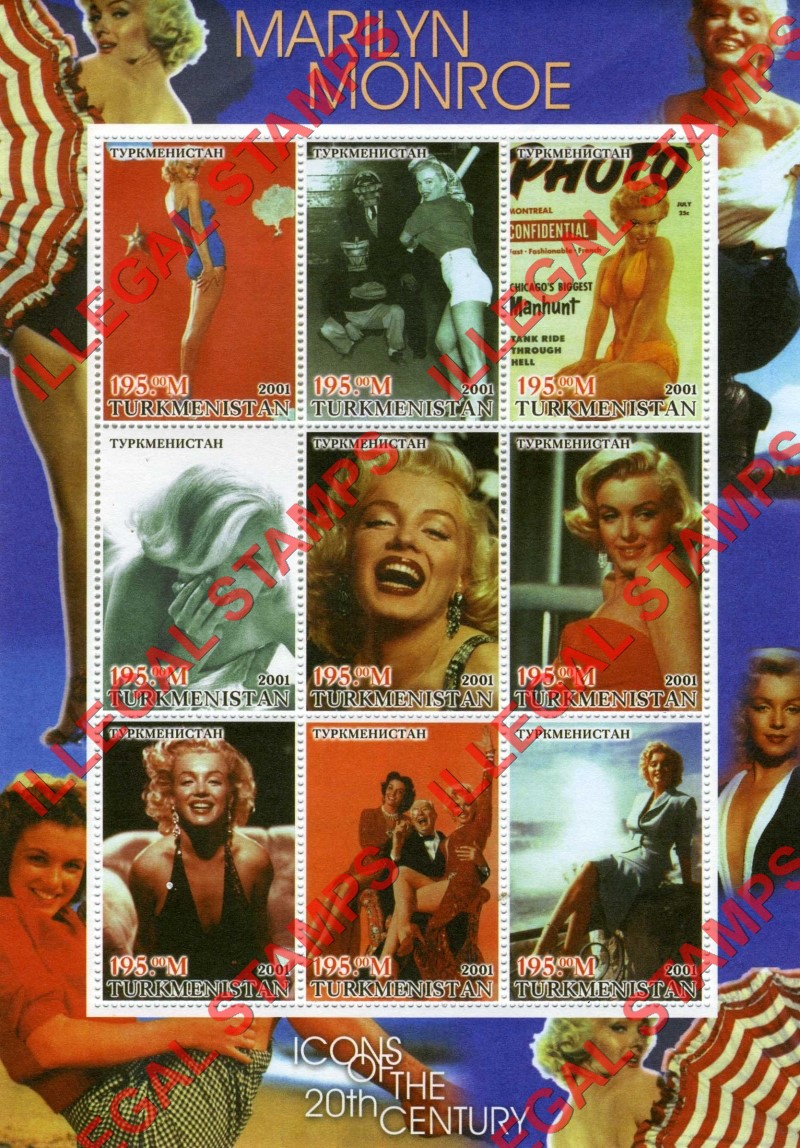 Turkmenistan 2001 Icons of the 20th Century Marilyn Monroe Illegal Stamp Souvenir Sheet of 9