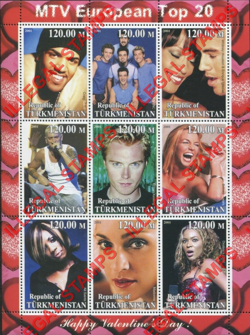 Turkmenistan 2001 MTV European Top 20 Illegal Stamp Souvenir Sheet of 9