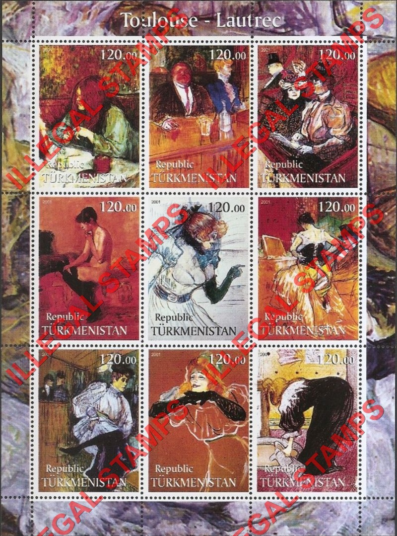 Turkmenistan 2001 Paintings by Toulouse Lautrec Illegal Stamp Souvenir Sheet of 9