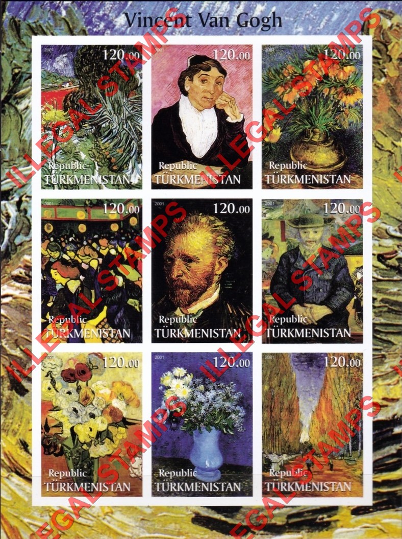 Turkmenistan 2001 Paintings by Vincent Van Gogh Illegal Stamp Souvenir Sheet of 9