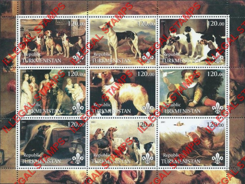 Turkmenistan 2001 Paintings of Dogs Illegal Stamp Souvenir Sheet of 9
