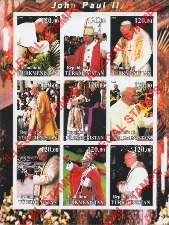 Turkmenistan 2001 Pope John Paul II Illegal Stamp Souvenir Sheet of 9