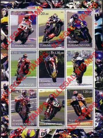 Turkmenistan 2001 Racing Motorcyclists Illegal Stamp Souvenir Sheet of 9