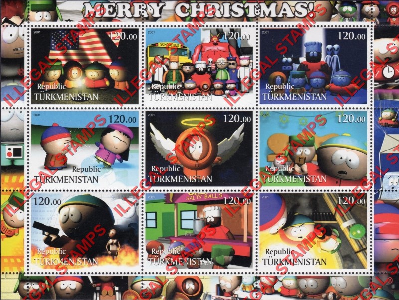 Turkmenistan 2001 South Park Christmas Illegal Stamp Souvenir Sheet of 9