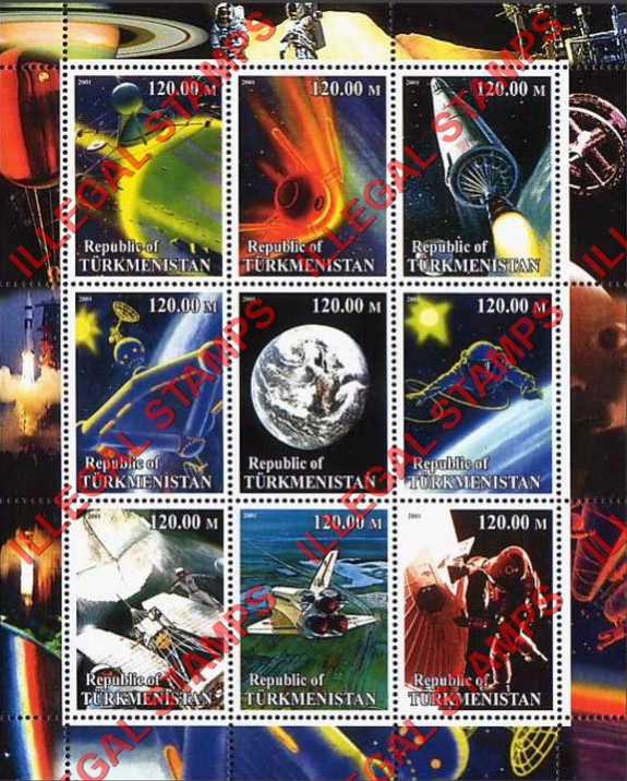 Turkmenistan 2001 Space Planets Illegal Stamp Souvenir Sheet of 9