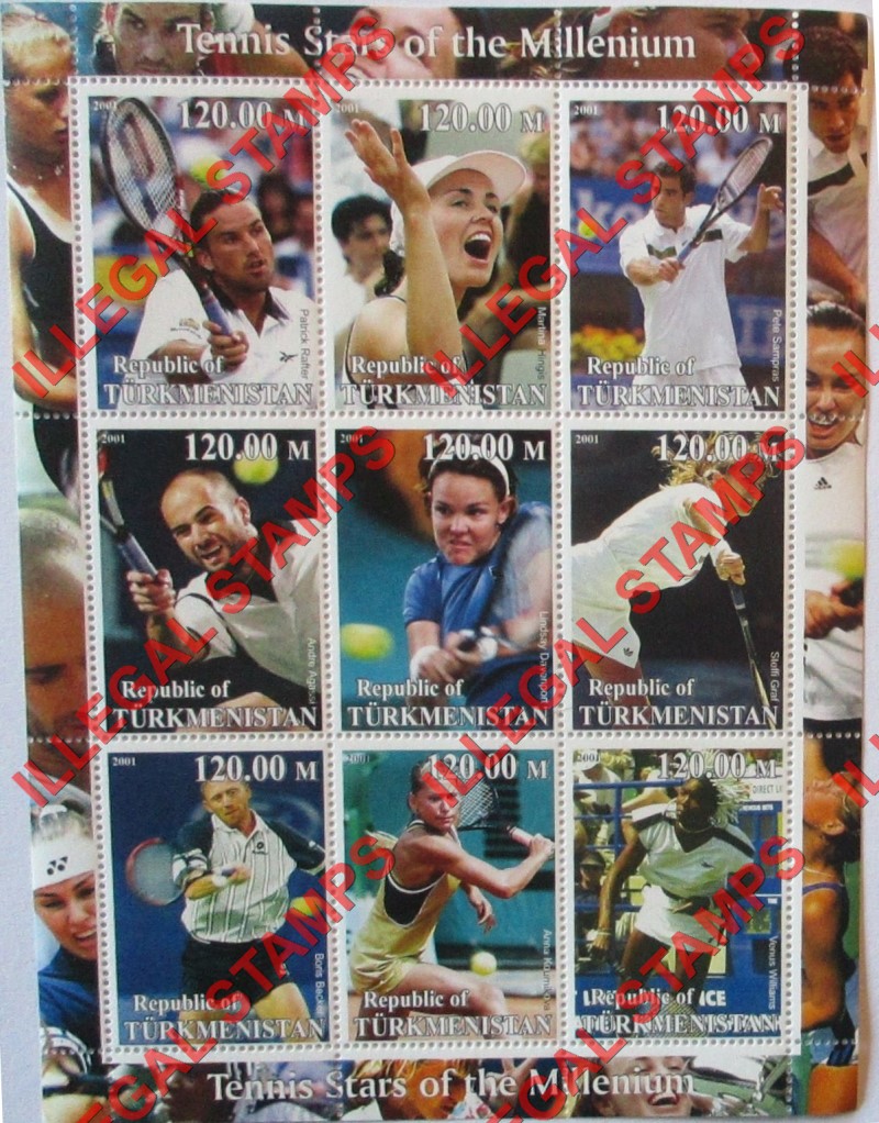 Turkmenistan 2001 Tennis Stars of the Millennium Illegal Stamp Souvenir Sheet of 9