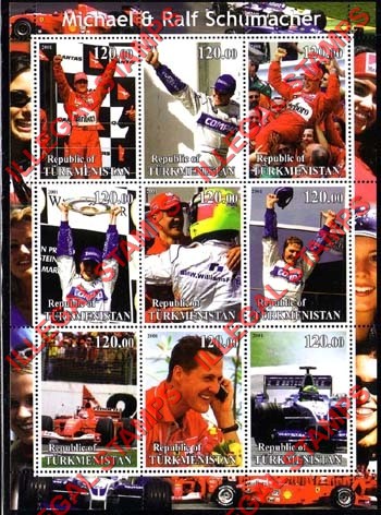 Turkmenistan 2001 The Schumacher's Formula I Illegal Stamp Souvenir Sheet of 9