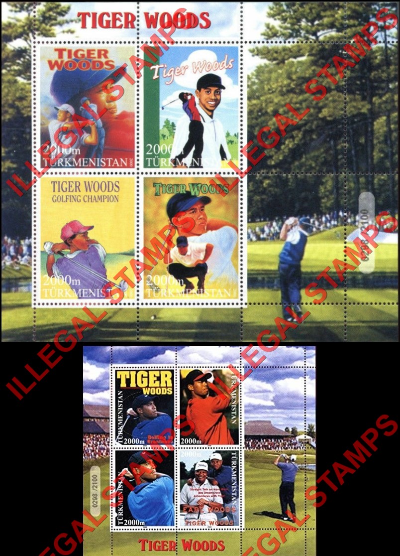 Turkmenistan 2001 Tiger Woods Golf Illegal Stamp Souvenir Sheets of 4