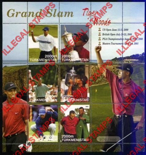 Turkmenistan 2001 Tiger Woods Grand Slam Golf Illegal Stamp Souvenir Sheet of 6