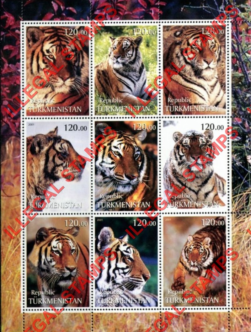 Turkmenistan 2001 Tigers Illegal Stamp Souvenir Sheet of 9