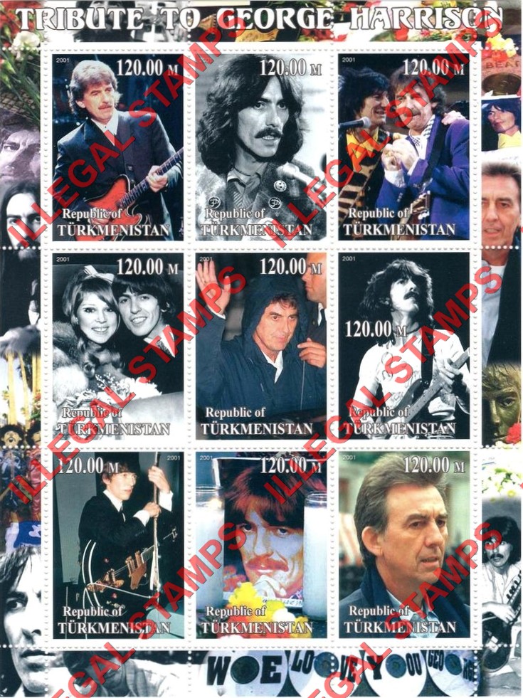 Turkmenistan 2001 Tribute to George Harrison Illegal Stamp Souvenir Sheet of 9