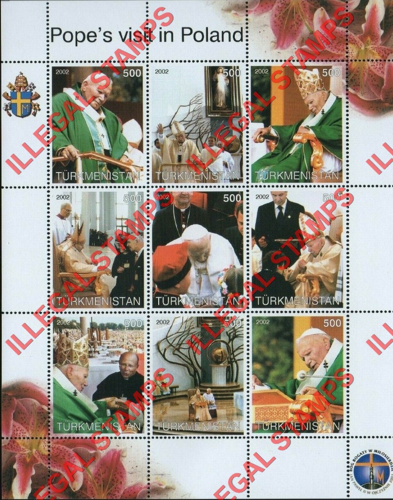 Turkmenistan 2002 Pope John Paul II Visit to Poland Illegal Stamp Souvenir Sheet of 9
