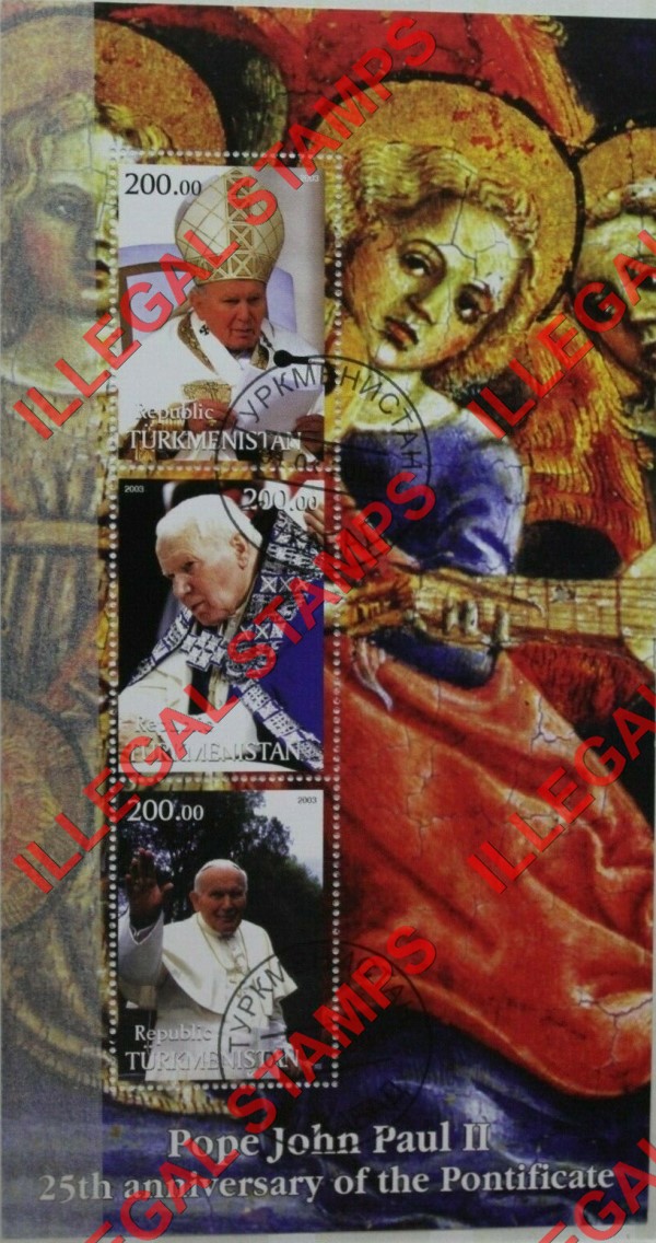 Turkmenistan 2003 Pope John Paul II Illegal Stamp Souvenir Sheet of 3 Reprint