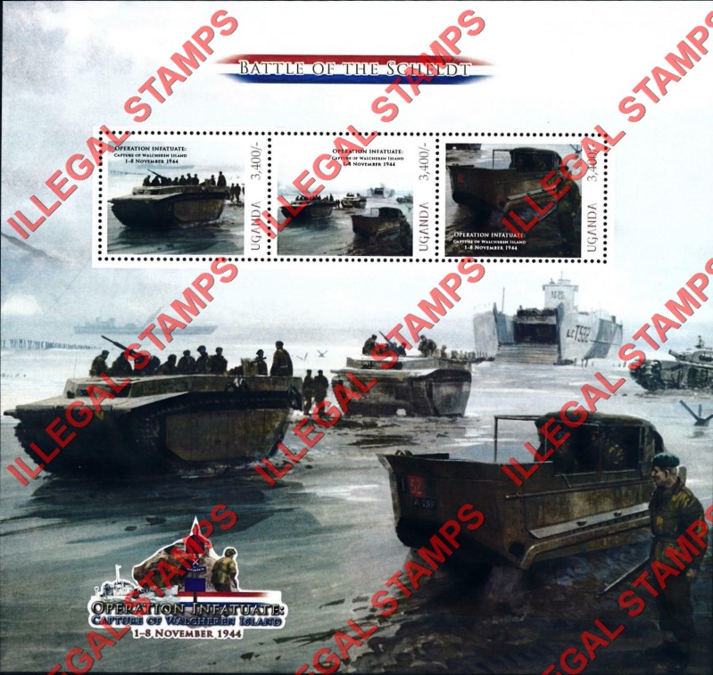 Uganda 2010 Operation Infatuate Battle of the Scheldt Capture of Walcheren Island Illegal Stamp Souvenir Sheet of 3 (Sheet 1)