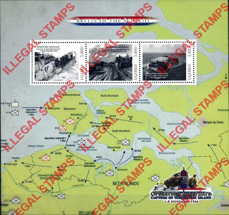 Uganda 2010 Operation Infatuate Battle of the Scheldt Capture of Walcheren Island Illegal Stamp Souvenir Sheet of 3 (Sheet 2)