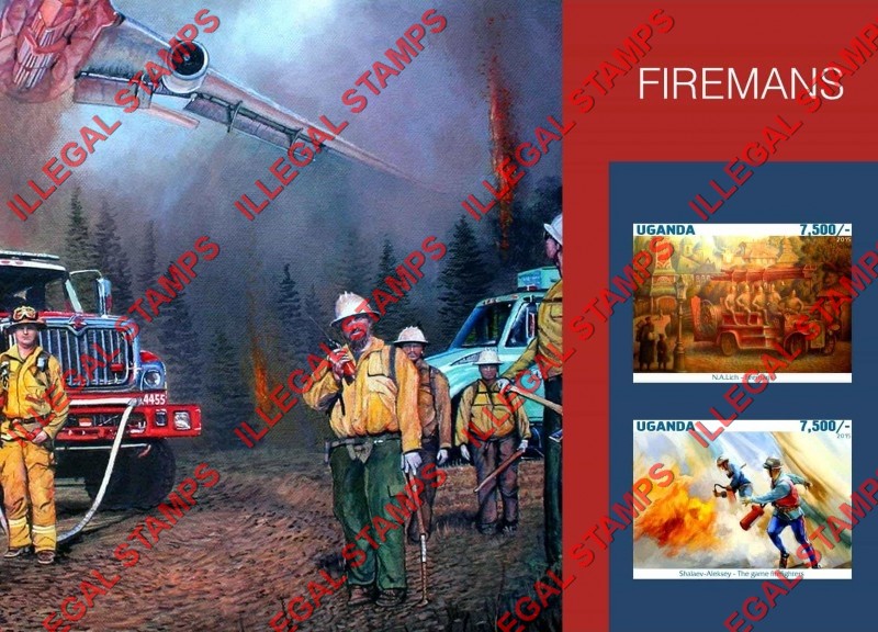 Uganda 2015 Firefighters Firemans Illegal Stamp Souvenir Sheet of 2