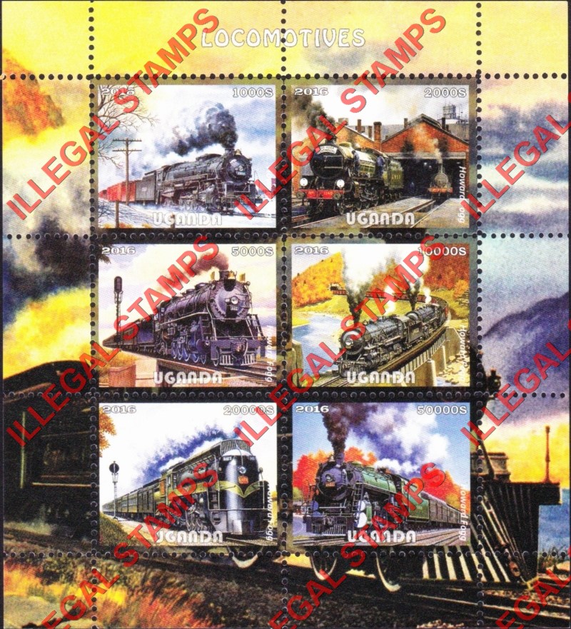 Uganda 2016 Locomotives Illegal Stamp Souvenir Sheet of 6 (Sheet 1)