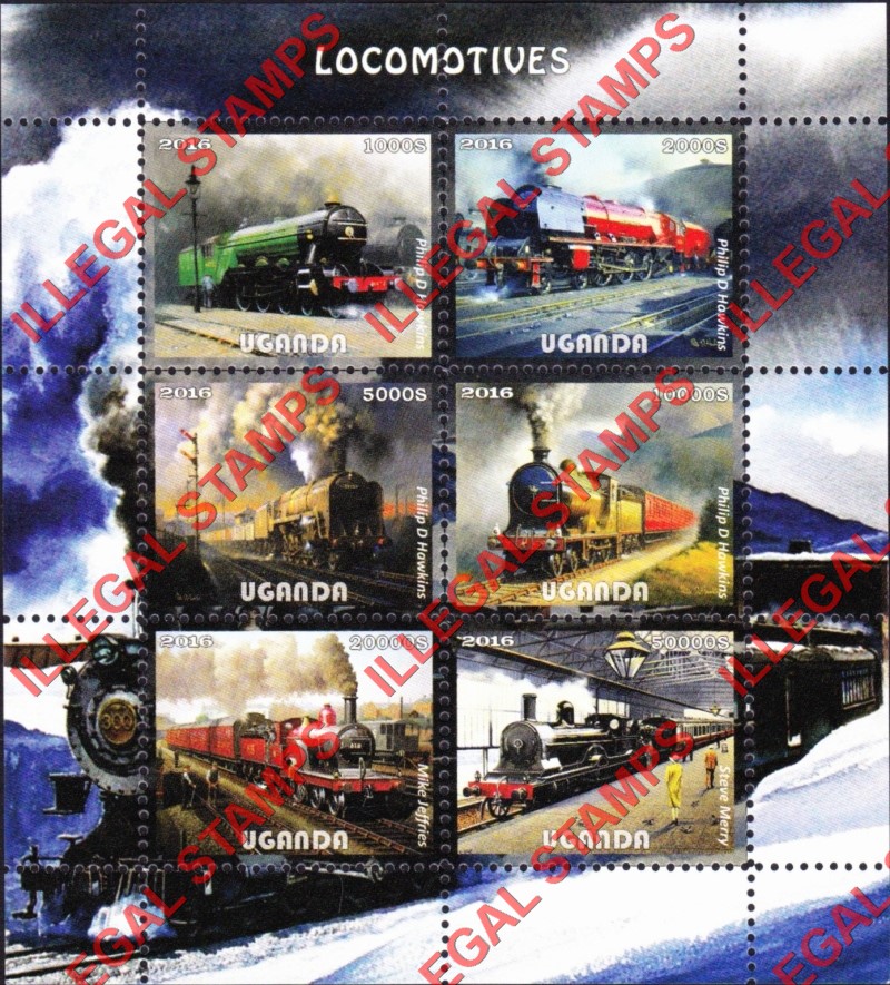 Uganda 2016 Locomotives Illegal Stamp Souvenir Sheet of 6 (Sheet 2)