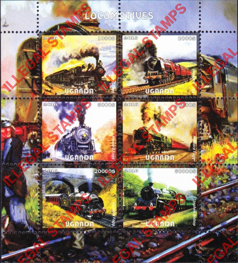 Uganda 2016 Locomotives Illegal Stamp Souvenir Sheet of 6 (Sheet 3)