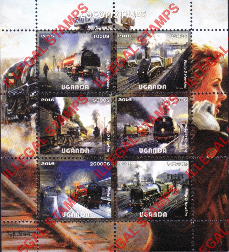 Uganda 2016 Locomotives Illegal Stamp Souvenir Sheet of 6 (Sheet 4)