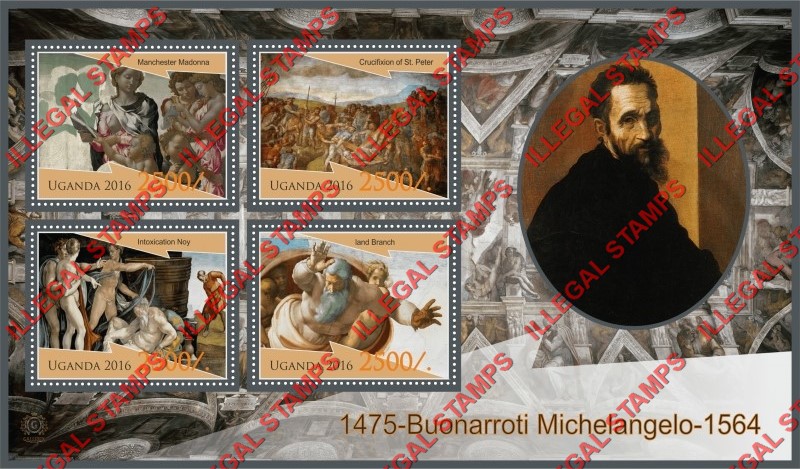 Uganda 2016 Paintings by Buonarroti Michelangelo Illegal Stamp Souvenir Sheet of 4