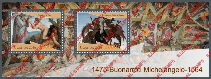 Uganda 2016 Paintings by Buonarroti Michelangelo Illegal Stamp Souvenir Sheet of 2