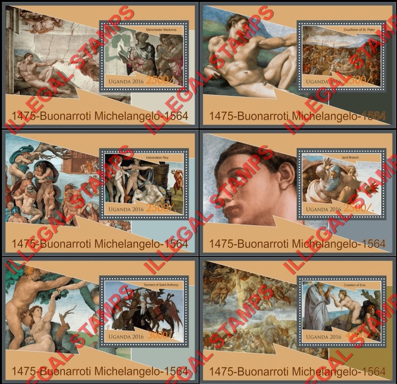 Uganda 2016 Paintings by Buonarroti Michelangelo Illegal Stamp Souvenir Sheets of 1