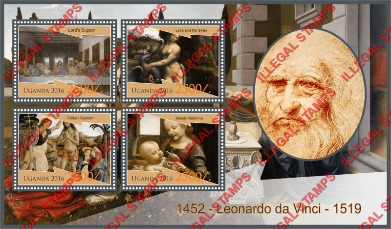 Uganda 2016 Paintings by Leonardo da Vinci Illegal Stamp Souvenir Sheet of 4