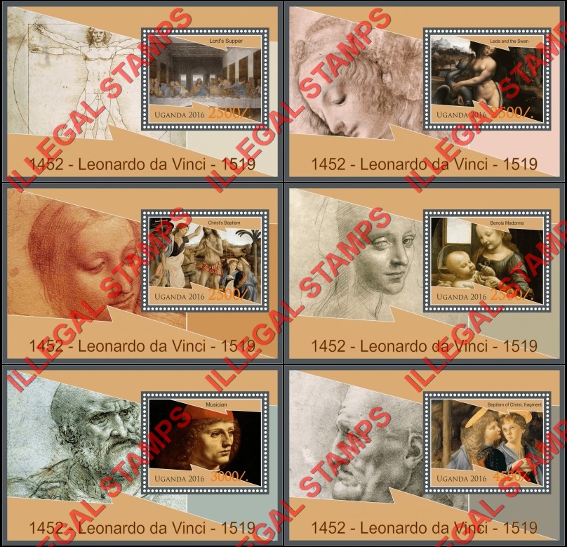 Uganda 2016 Paintings by Leonardo da Vinci Illegal Stamp Souvenir Sheets of 1