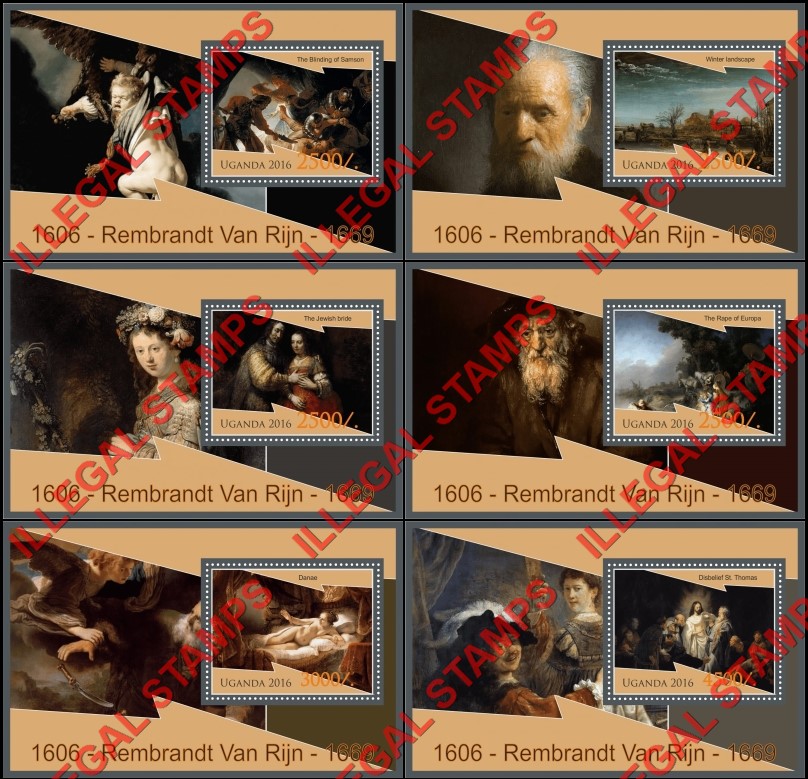 Uganda 2016 Paintings by Rembrandt Van Rijn Illegal Stamp Souvenir Sheets of 1