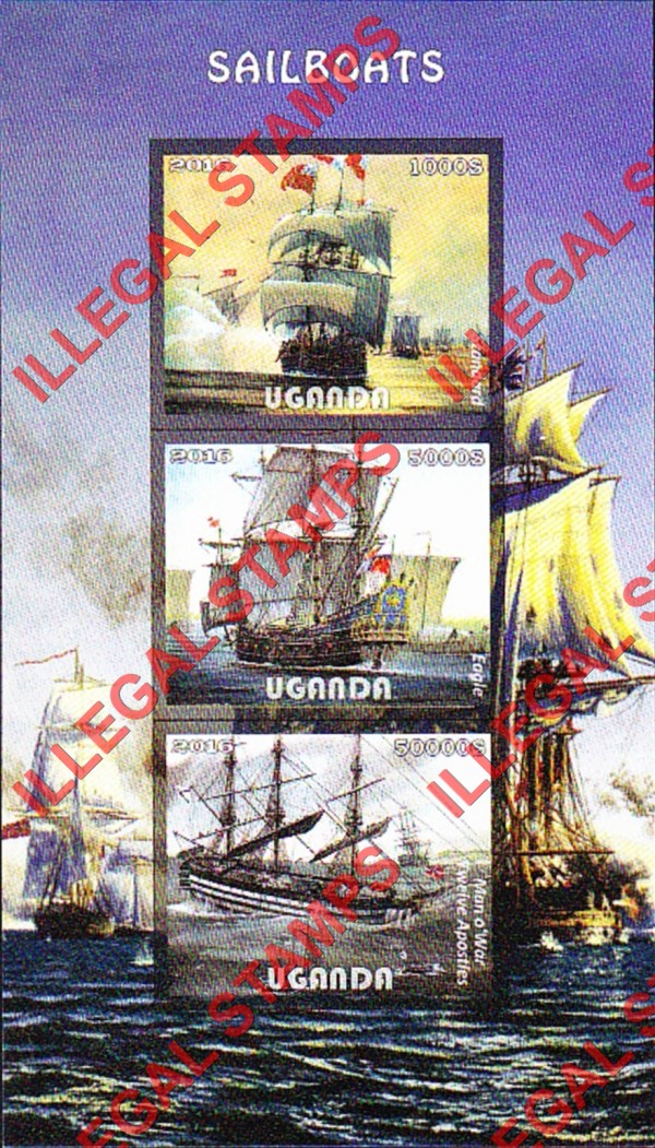 Uganda 2016 Sailboats Illegal Stamp Souvenir Sheet of 6 (Sheet 1)