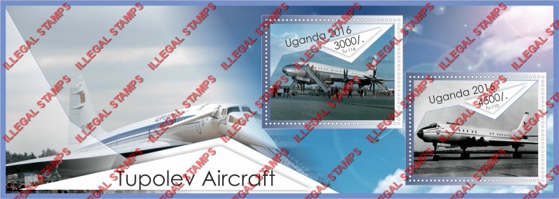 Uganda 2016 Tupolev Aircraft (different a) Illegal Stamp Souvenir Sheet of 2