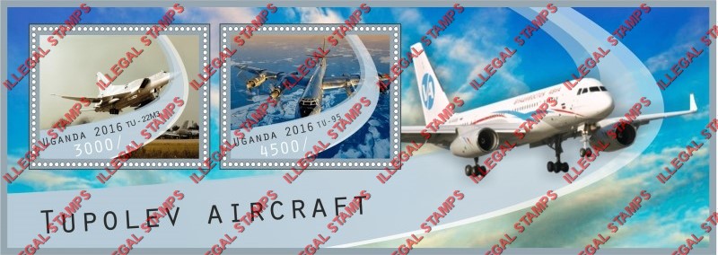 Uganda 2016 Tupolev Aircraft Illegal Stamp Souvenir Sheet of 2