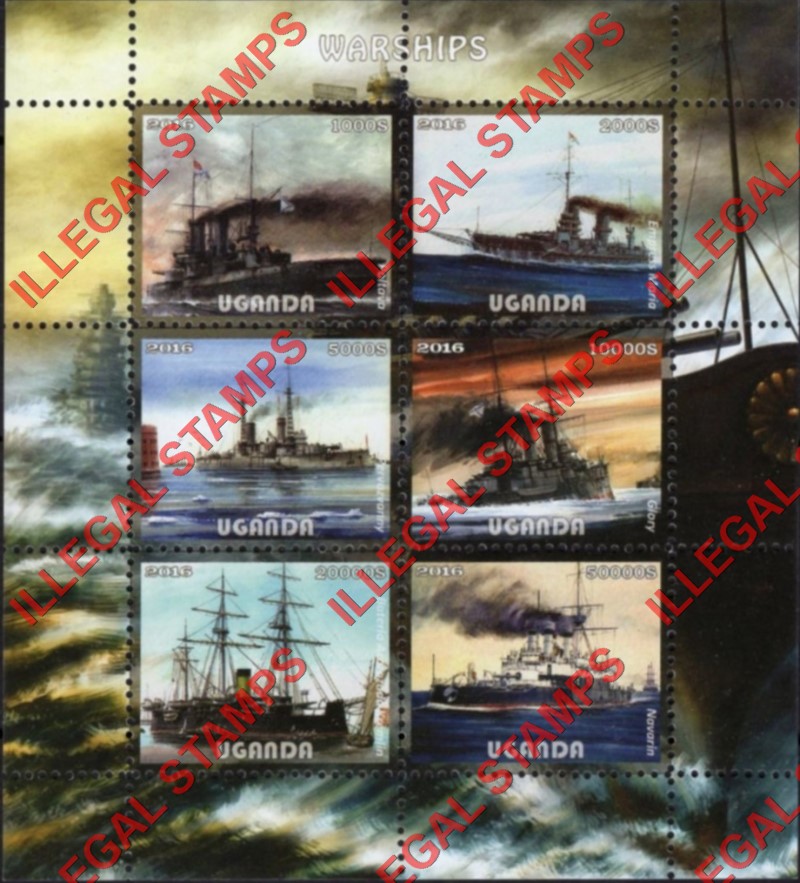 Uganda 2016 Warships Illegal Stamp Souvenir Sheet of 6 (Sheet 1)