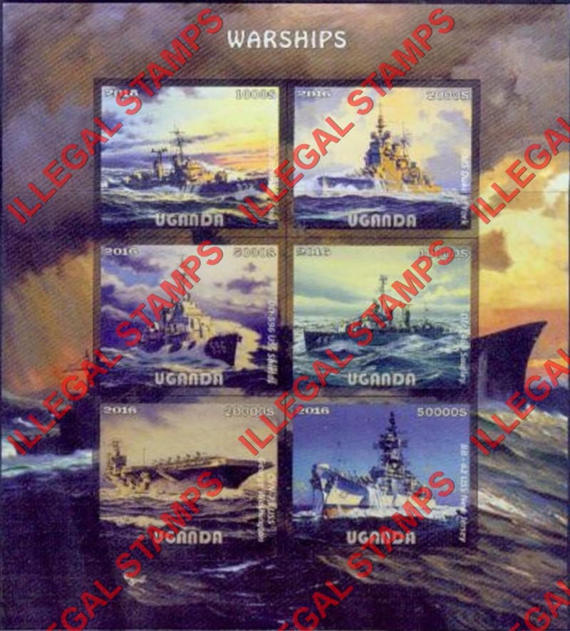 Uganda 2016 Warships Illegal Stamp Souvenir Sheet of 6 (Sheet 3)