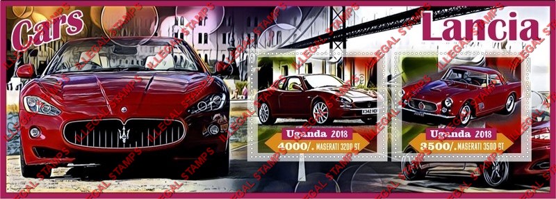 Uganda 2018 Cars Lancia Maserati Illegal Stamp Souvenir Sheet of 2
