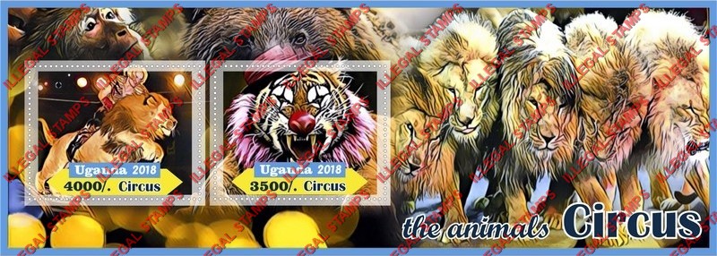 Uganda 2018 Circus Animals Illegal Stamp Souvenir Sheet of 2